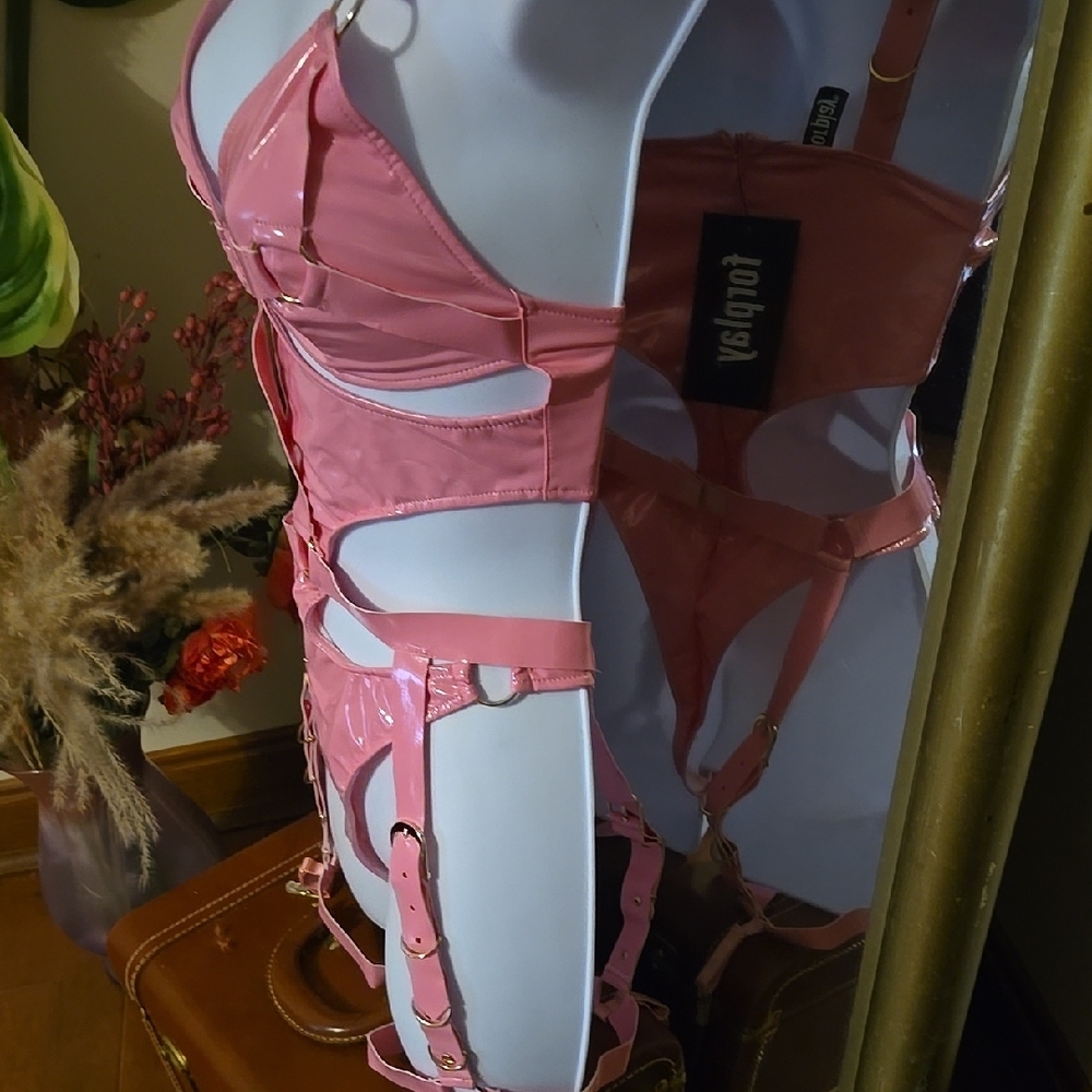 Foreplay BDSM Wet Look Pink Strappy Lingerie Set - Picture 8 of 8